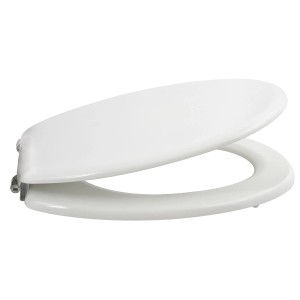 Weißer MSV WC-Sitz Cleo aus MDF mit Edelstahl-Scharnieren, seitliche Ansicht.