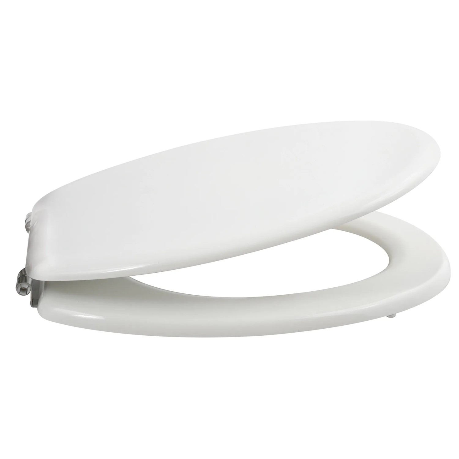 Weißer MSV WC-Sitz Cleo aus MDF mit Edelstahl-Scharnieren, seitliche Ansicht.