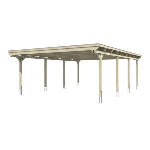 Skan Holz Doppelcarport Emsland: Flachdach-Carport aus Holz mit acht Pfosten und Aluminiumdach.
