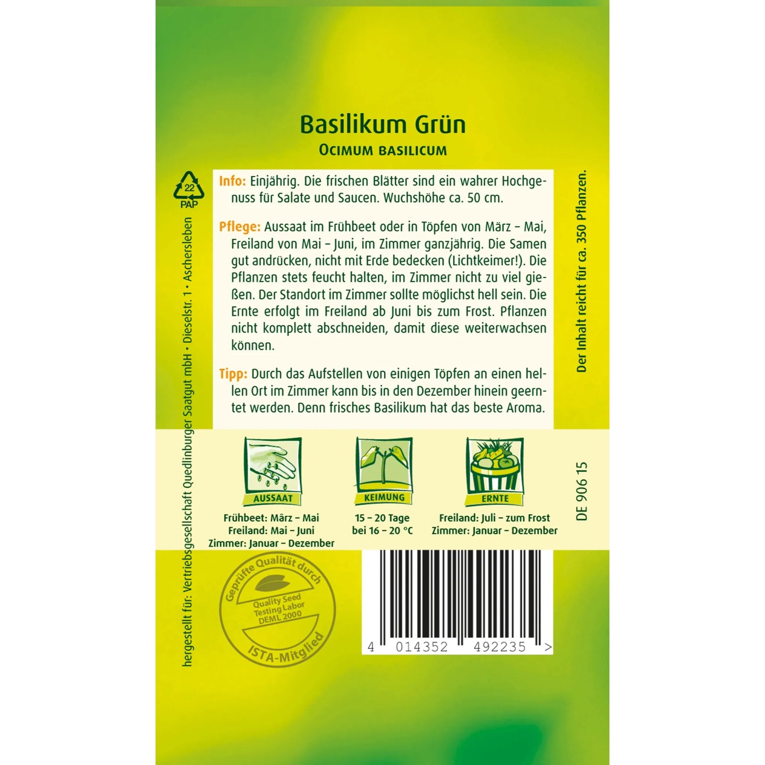 Samenpackung Quedlinburger Basilikum 'Grün' für aromatische Kräuter.