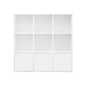 Weißes Vasagle Würfelregal mit 6 offenen Fächern und 3 Türen, 97,5x97,5x29 cm.