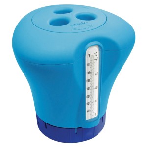 Blauer Chemoform Chlordosierer mit Thermometer zur Poolpflege.