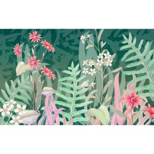 Grüne Komar Vliestapete The Flower Duet mit Blumen und Blättern, 400x250 cm.