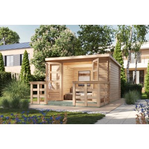 Karibu Gartenhaus Dortmund Set mit Terrasse aus naturbelassenem Holz im Garten.