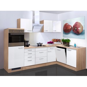 Flex-Well Winkelküche Valero in Weiß Hochglanz/Sonoma Eiche Optik mit E-Geräten.