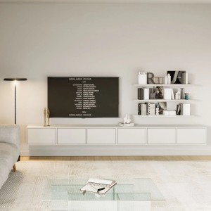 Modernes weißes TV-Hängeboard 300 cm, wandmontiert, grifflos, im Wohnzimmer. Eleganter TV-Schrank.