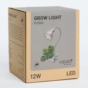 Verpackung der Venso E27 LED-Pflanzenlampe Flexia 12W mit Pflanzenmotiv und Klemme.