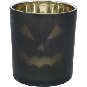 Schwarzer Glas-Teelichthalter mit Kürbis-Design, Halloween Deko.