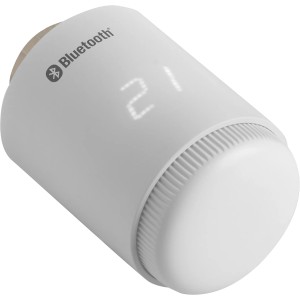 Weißes, elektrisches Heizkörperthermostat TRV-607 mit Bluetooth und digitaler Anzeige.