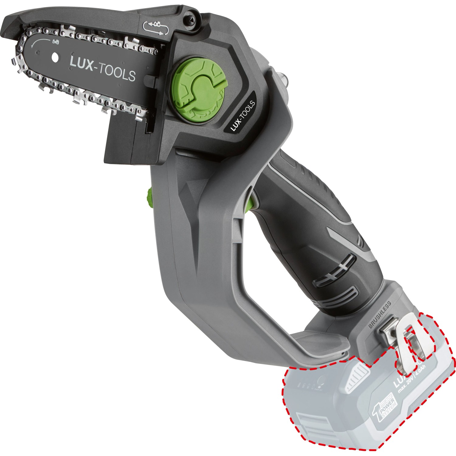 LUX-TOOLS Akku-Astsäge A-EAS-20/154, Akku-Kettensäge mit Schutzschild und Akku (optional)