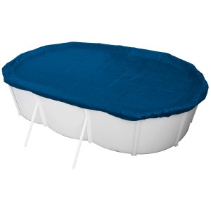 Blaues Steinbach Sommerabdeckplane für Ovalbecken (550x360 cm) auf weißem Pool.