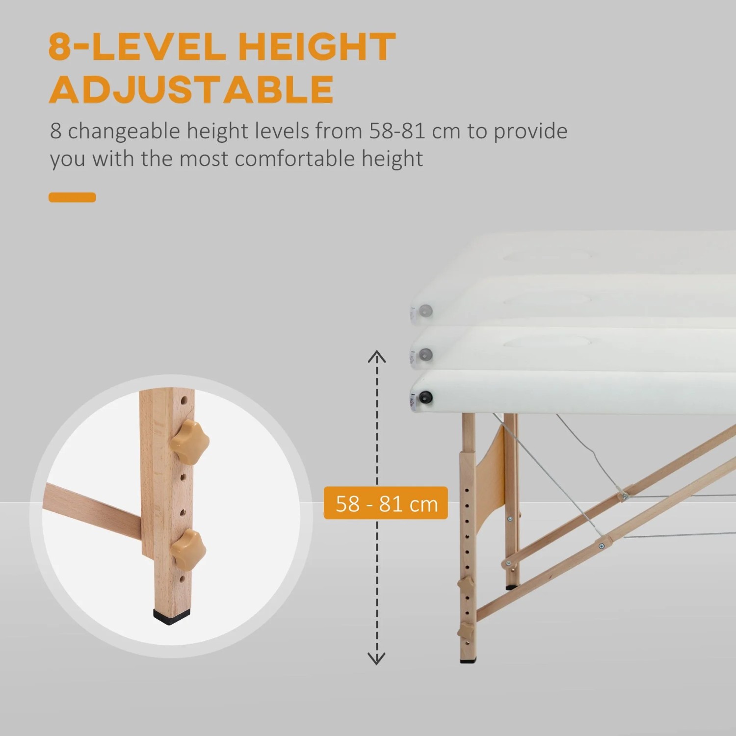 Cremeweiße HOMCOM Massageliege mit Holzgestell, höhenverstellbar von 61-87 cm, für Komfort und Wellness.