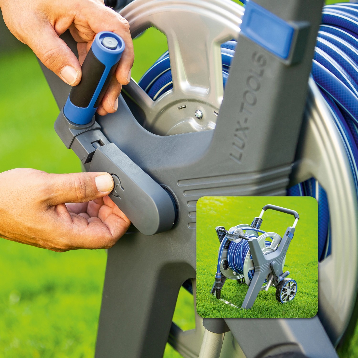 LUX Schlauchwagen-Set Pro mit Metalltrommel und 30m Schlauch, Detailaufnahme der Handkurbel.