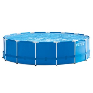 Blauer Intex Frame Pool Rondo, Ø 457 cm, mit Stahlrahmen und Wasser.