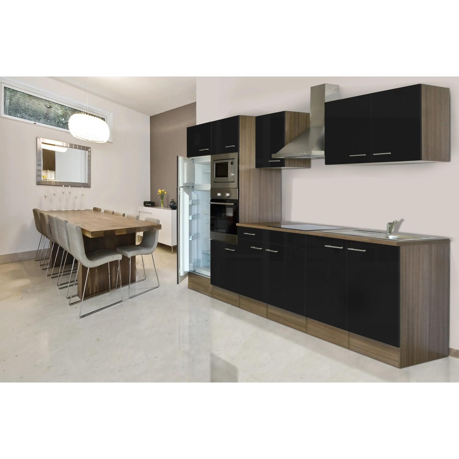 Respekta Küchenzeile KB330EYSMIGKE, 330 cm, Schwarz/Eiche York Nachbildung mit E-Geräten.