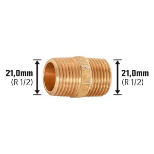 Gewinde-Doppelnippel, 21 mm (R 1/2), aus Rotguss für die Rohrinstallation.