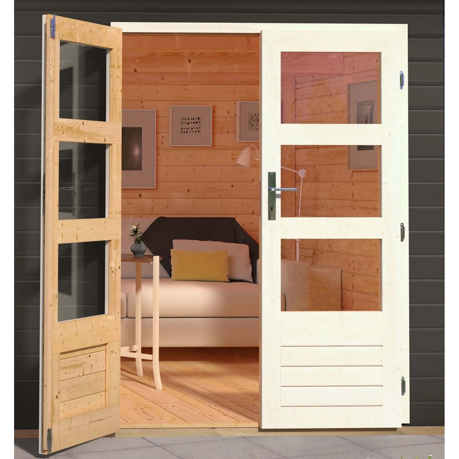 Offene Doppeltür mit Glaseinsätzen des terragrauen Karibu Holz-Gartenhauses Kumla.