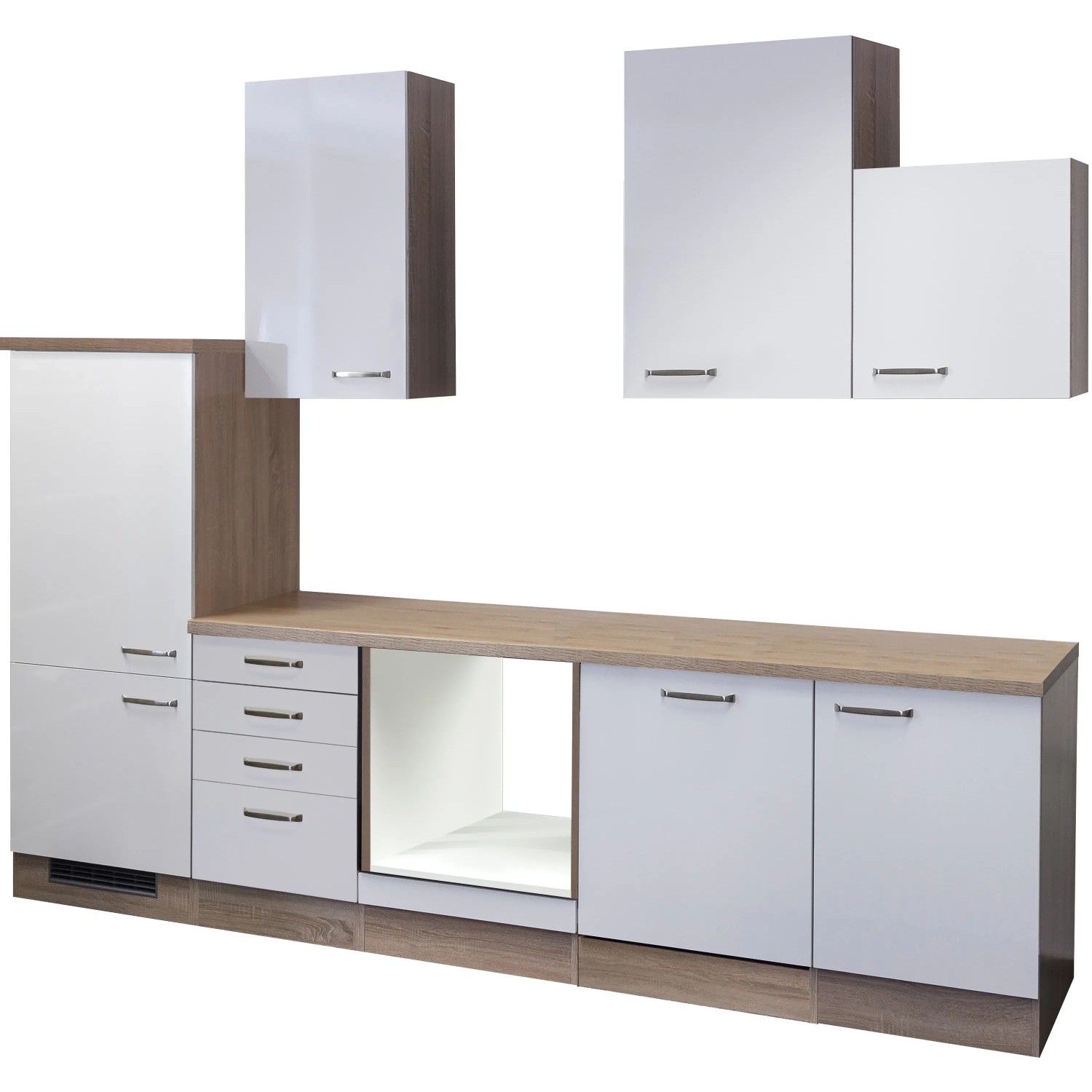 Flex-Well Küchenzeile Valero 280 cm, weiß hochglanz, ohne E-Geräte. Einbauküche mit Holzoptik Arbeitsplatte.