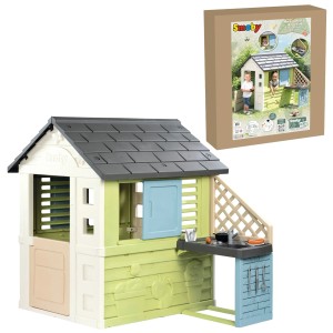Smoby Spielhaus Life Pretty Bunt mit Küche und Produktverpackung im Hintergrund.