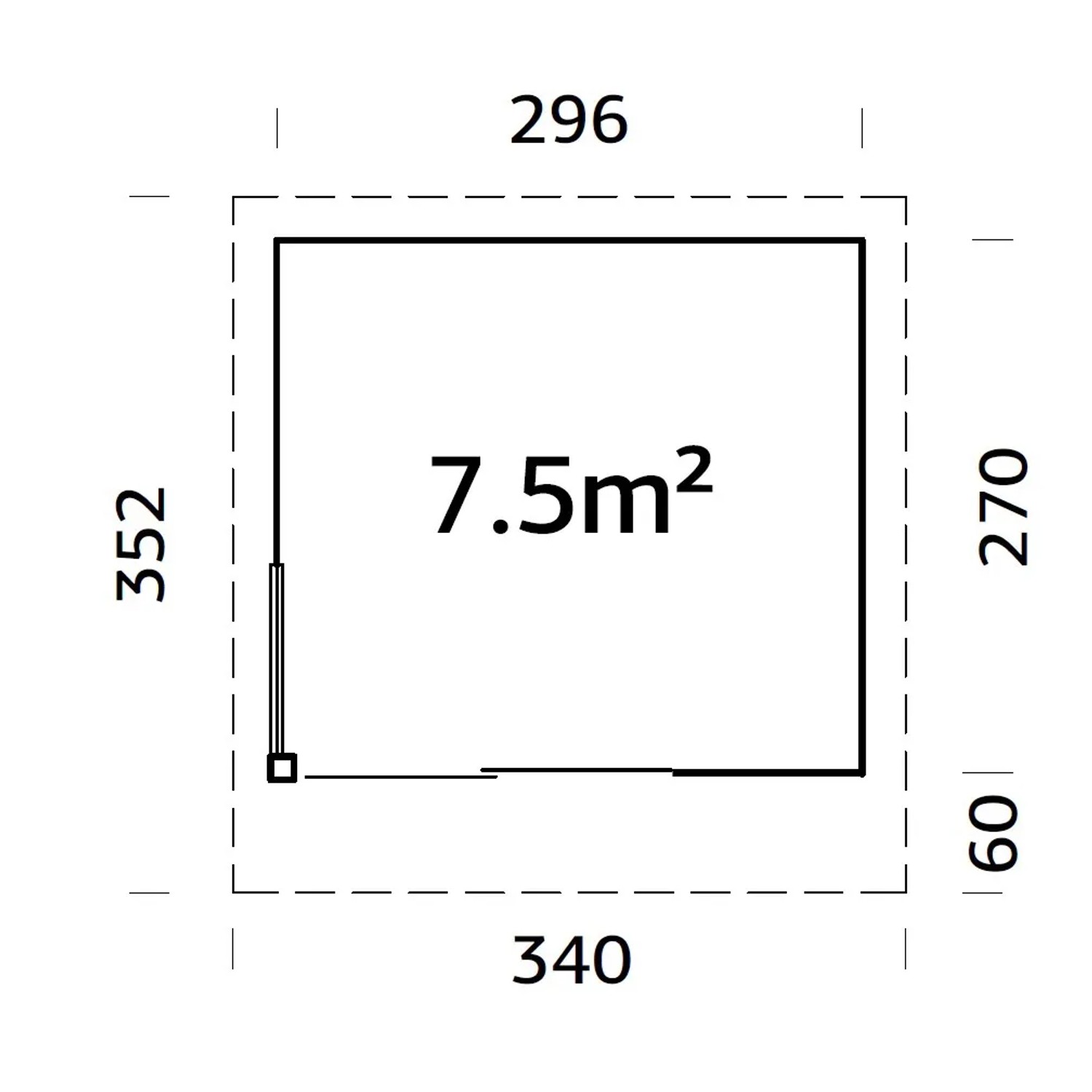 Grundriss Palmako Gartenhaus Andrea Slide Plus, 296x270 cm, mit Maßangaben.