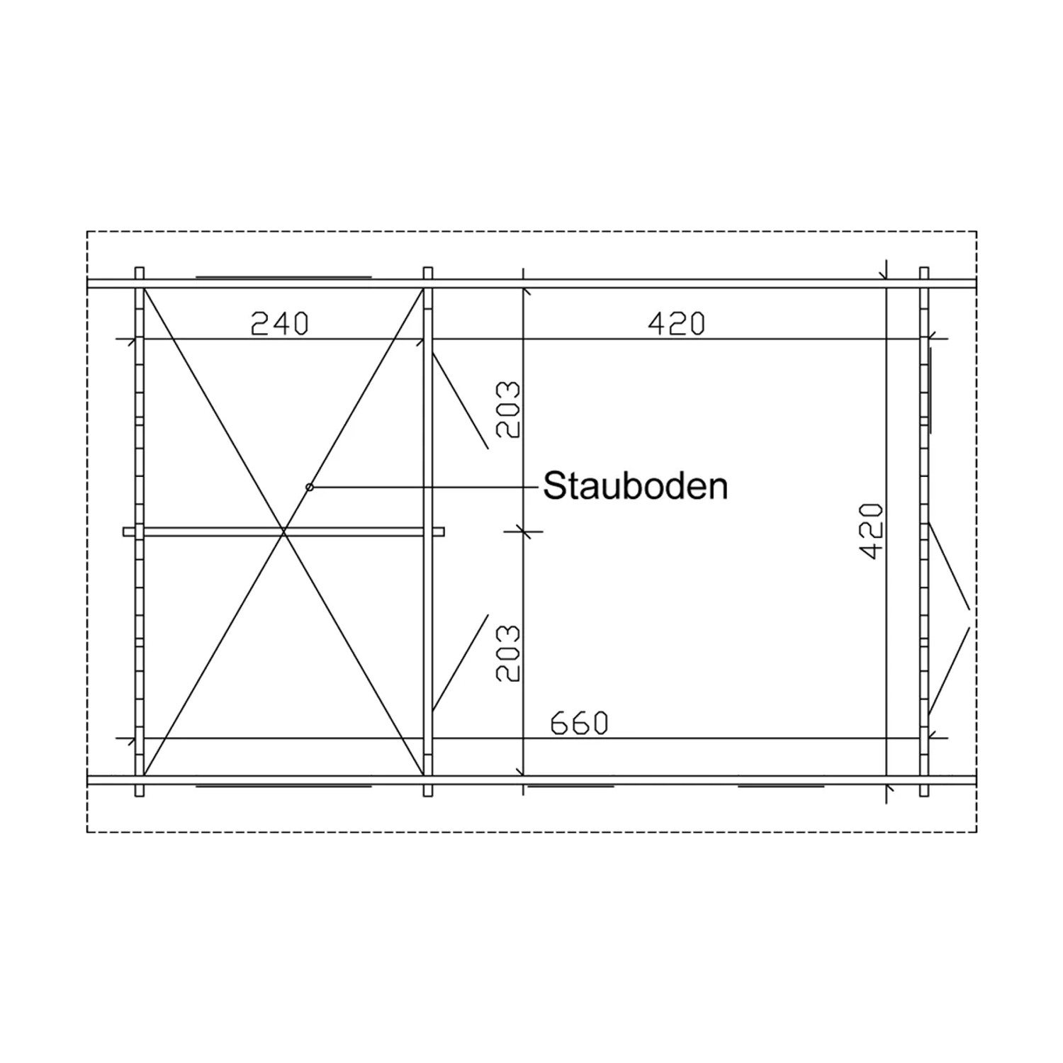 Grundriss Skan Holz-Gartenhaus Toronto 4 (420x660cm) mit Maßen und Stauboden.
