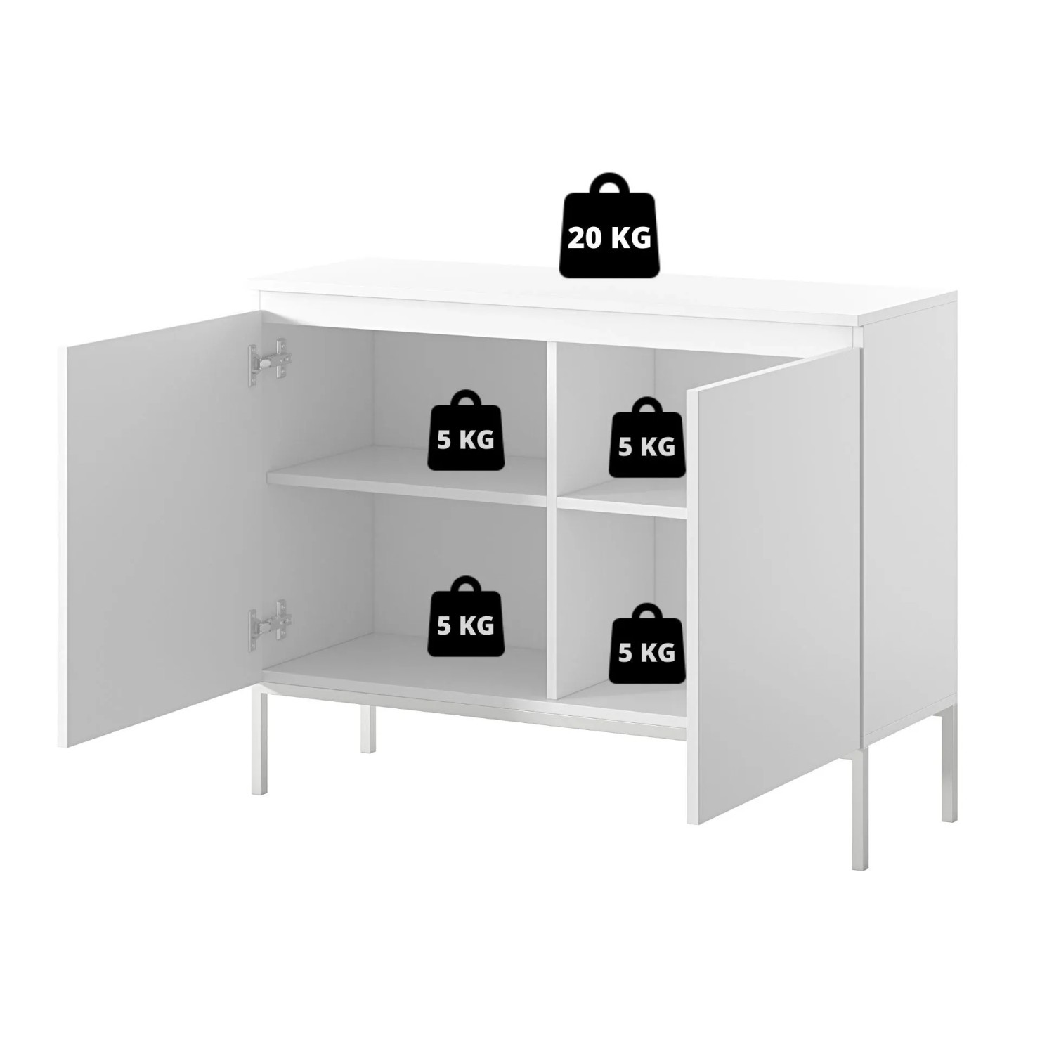 Weißes Selsey Bemmi Sideboard mit offenen Türen, 4 Fächern und goldenen Beinen. Belastbarkeit 5kg pro Fach, 20kg oben.