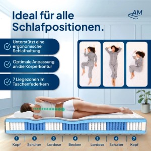 AM Qualitätsmatratze Premium Taschenfederkern 120x220 cm mit 7 Zonen für ergonomischen Schlafkomfort.