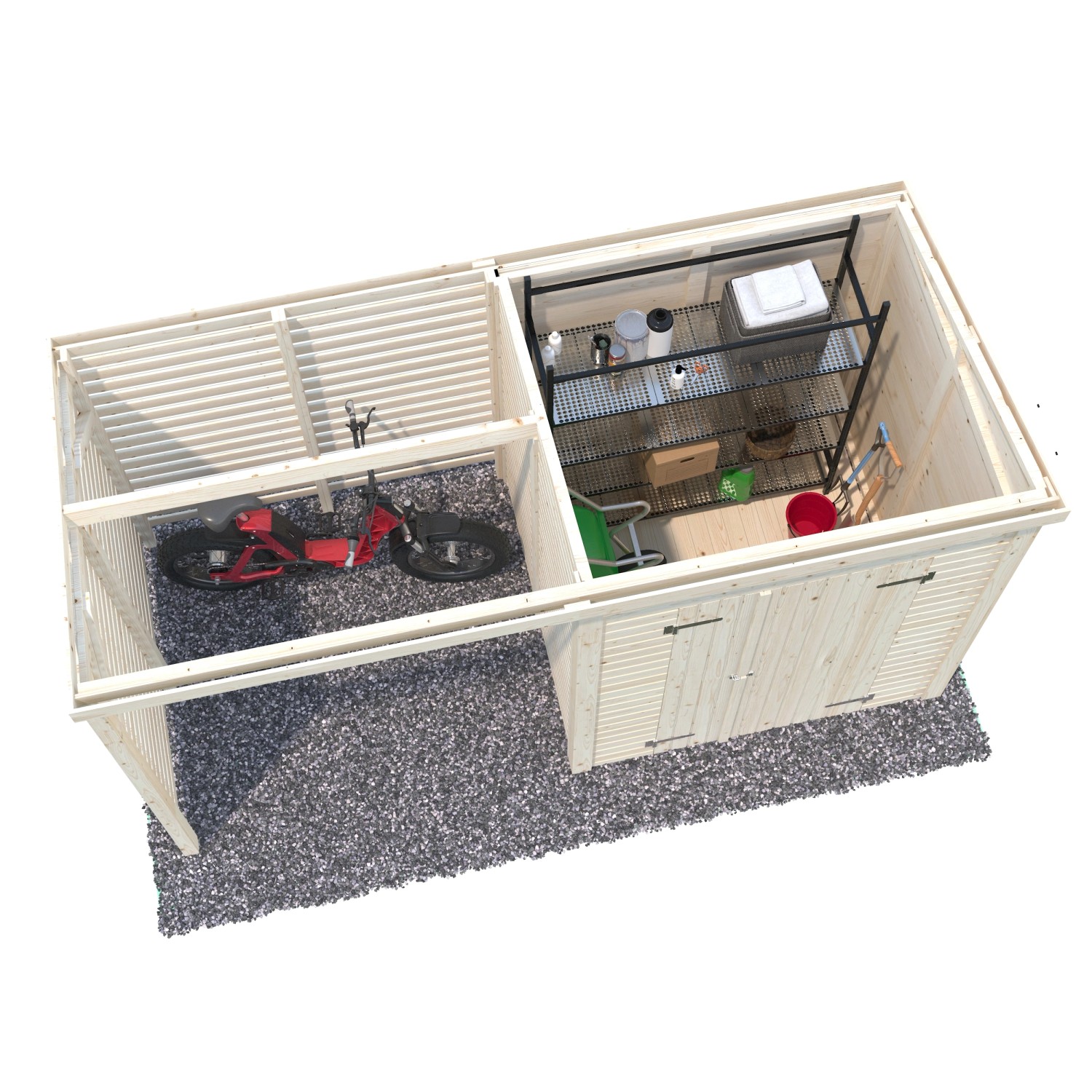 Palmako Gerätehaus Leif, naturbelassen, mit Fahrradunterstand und Stauraum für Gartengeräte.