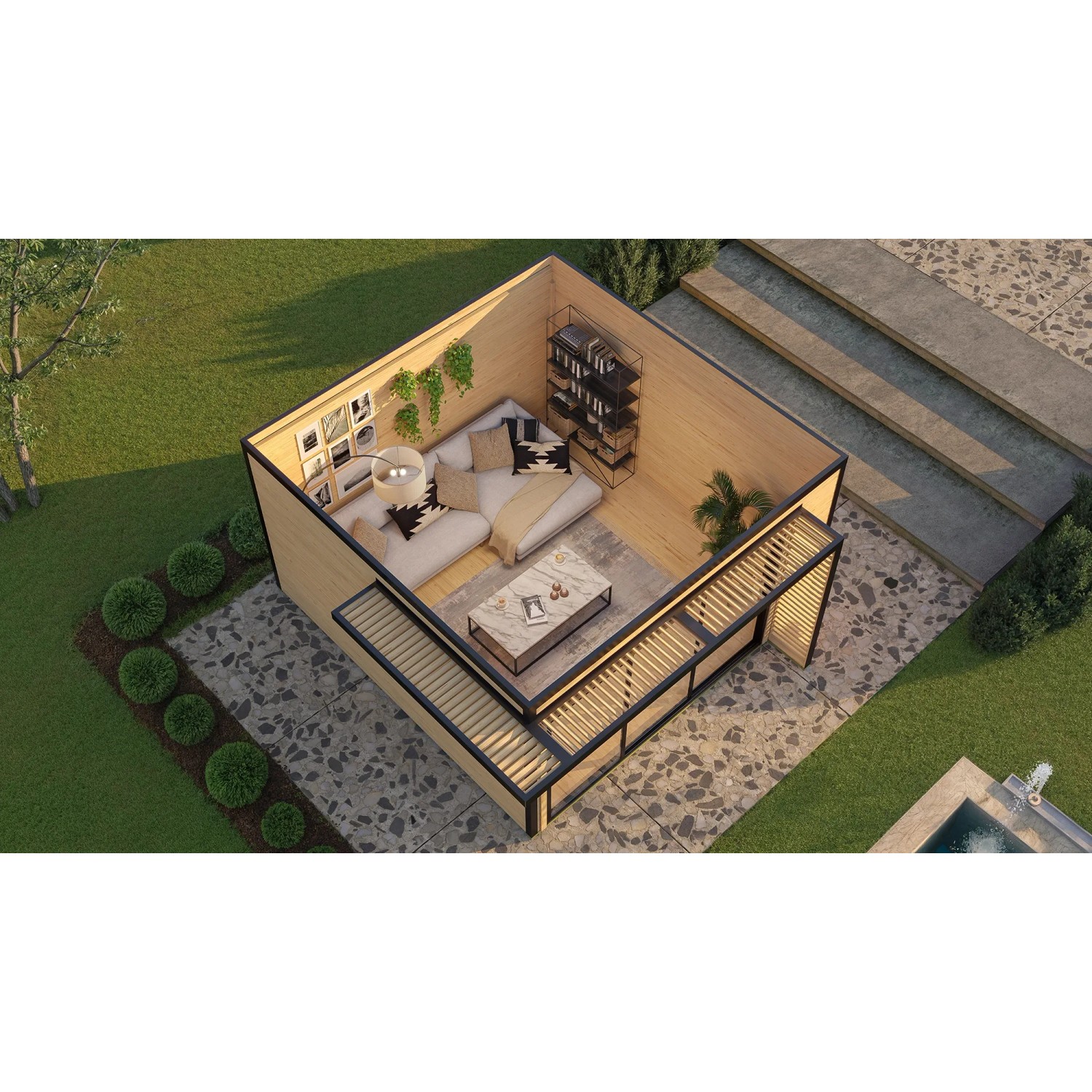 Modernes Weka Gartenhaus Amberley 400x400 cm mit Schiebetür, graugrün/anthrazit. Ideal als Gartenlounge oder Homeoffice.