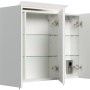 Posseik Spiegelschrank 100 cm, weiß hochglanz, mit LED-Lampe und Glasböden. Offene Türen.