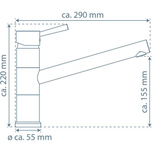 Skizze der Schütte Küchenarmatur Unicorn Niederdruck Chrom mit Maßangaben.