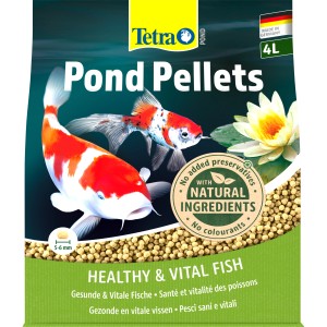 Tetra Pond Pellets 4L, Hauptfutter für Teichfische mit Koi und Seerose auf der Packung.