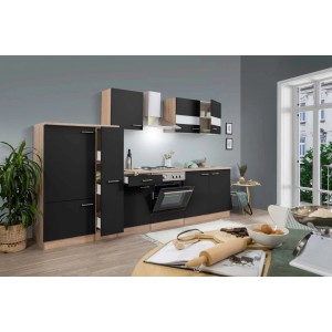 Respekta Küchenzeile 300 cm in Schwarz und Eiche Sägerau ohne E-Geräte.