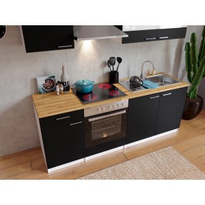 Respekta Küchenzeile KB210WSC in Schwarz-Weiß mit Holz-Arbeitsplatte, Herd, Spüle und Oberschränken.