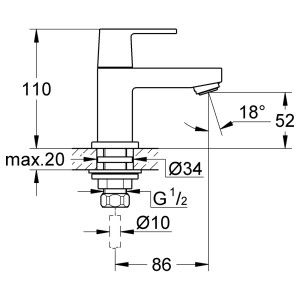 Technische Zeichnung: Grohe Eurocube XS-Size Kaltwasser-Standventil, Chrom, Abmessungen und Details.