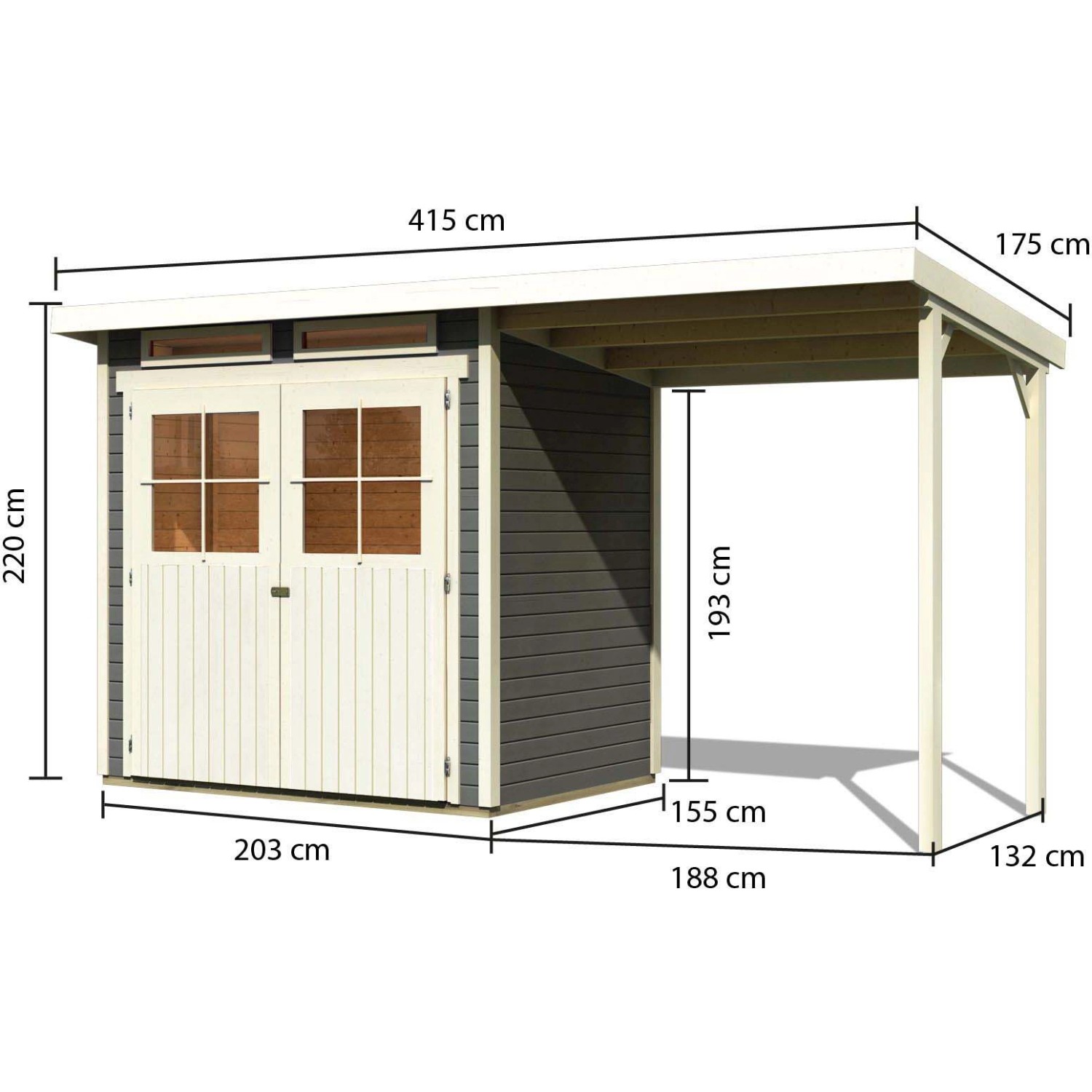 Karibu Holz-Gartenhaus Egersund, terragrau, mit Pultdach und Maßangaben.