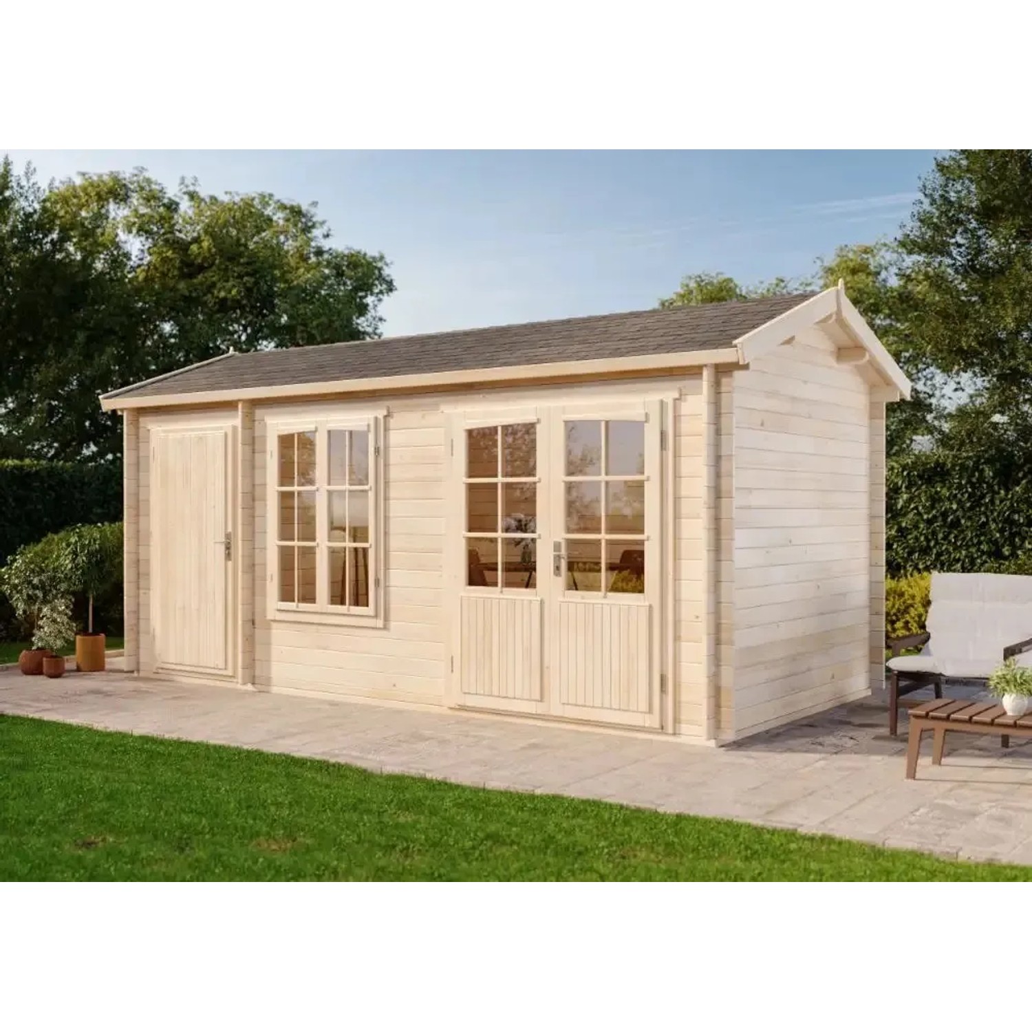 Alpholz Gartenhaus Bolton-28 XL aus Holz, imprägniert, mit Satteldach und Doppeltür.
