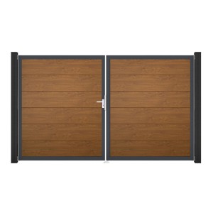 GroJa Steckzaun Tor BasicLine, DIN Links, Golden Oak. Gartentor mit Holzoptik und Metallrahmen.