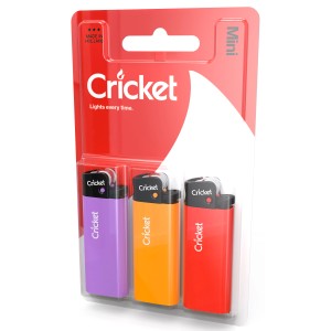 Cricket Mini Feuerzeug 3er-Pack im Blister: Haushaltshelfer in Lila, Orange und Rot.