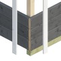 Detailansicht Gartenhaus Arnheim in Schiefergrau: Wandbohlen, Eckverbindung und Fundament.