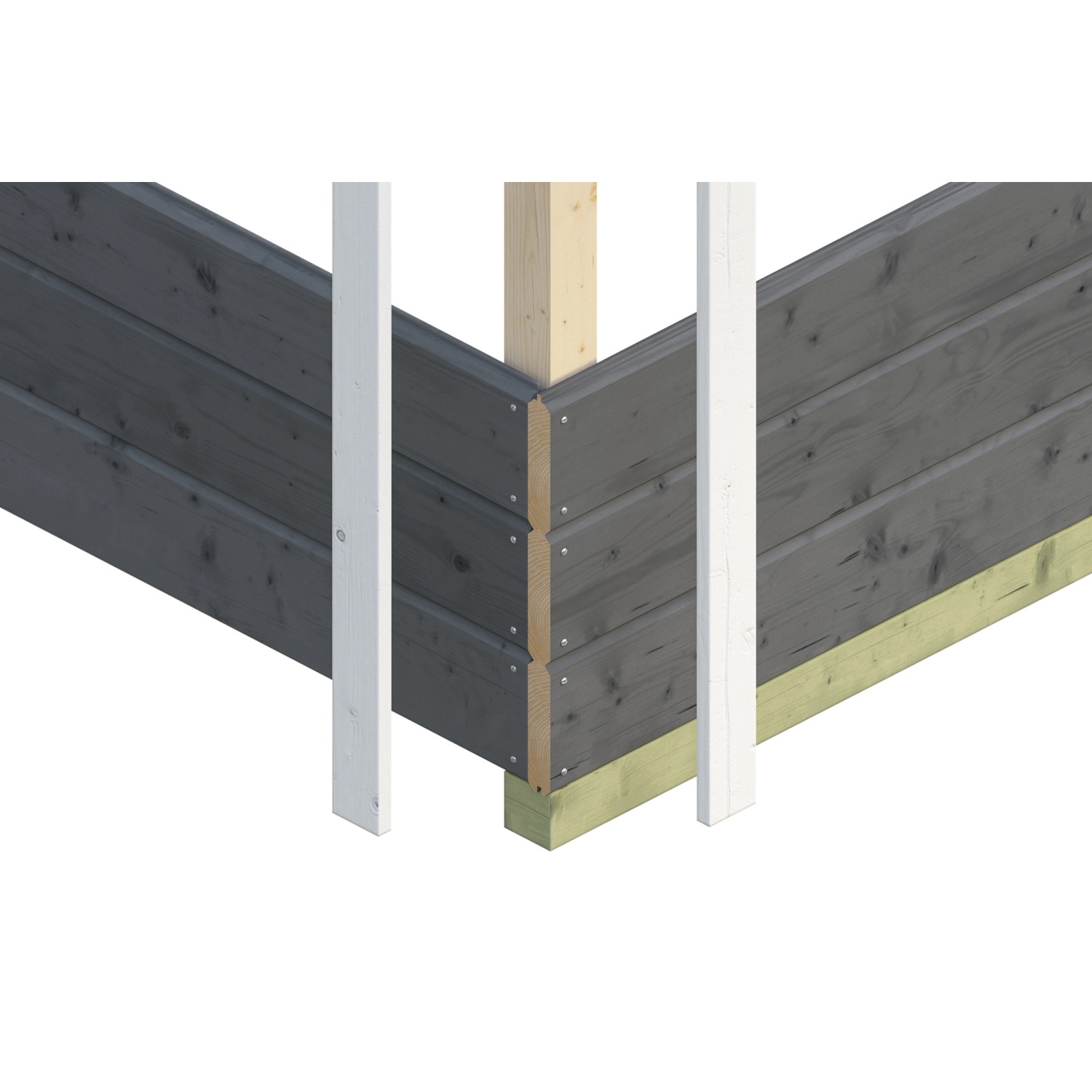 Detailansicht Gartenhaus Arnheim in Schiefergrau: Wandbohlen, Eckverbindung und Fundament.