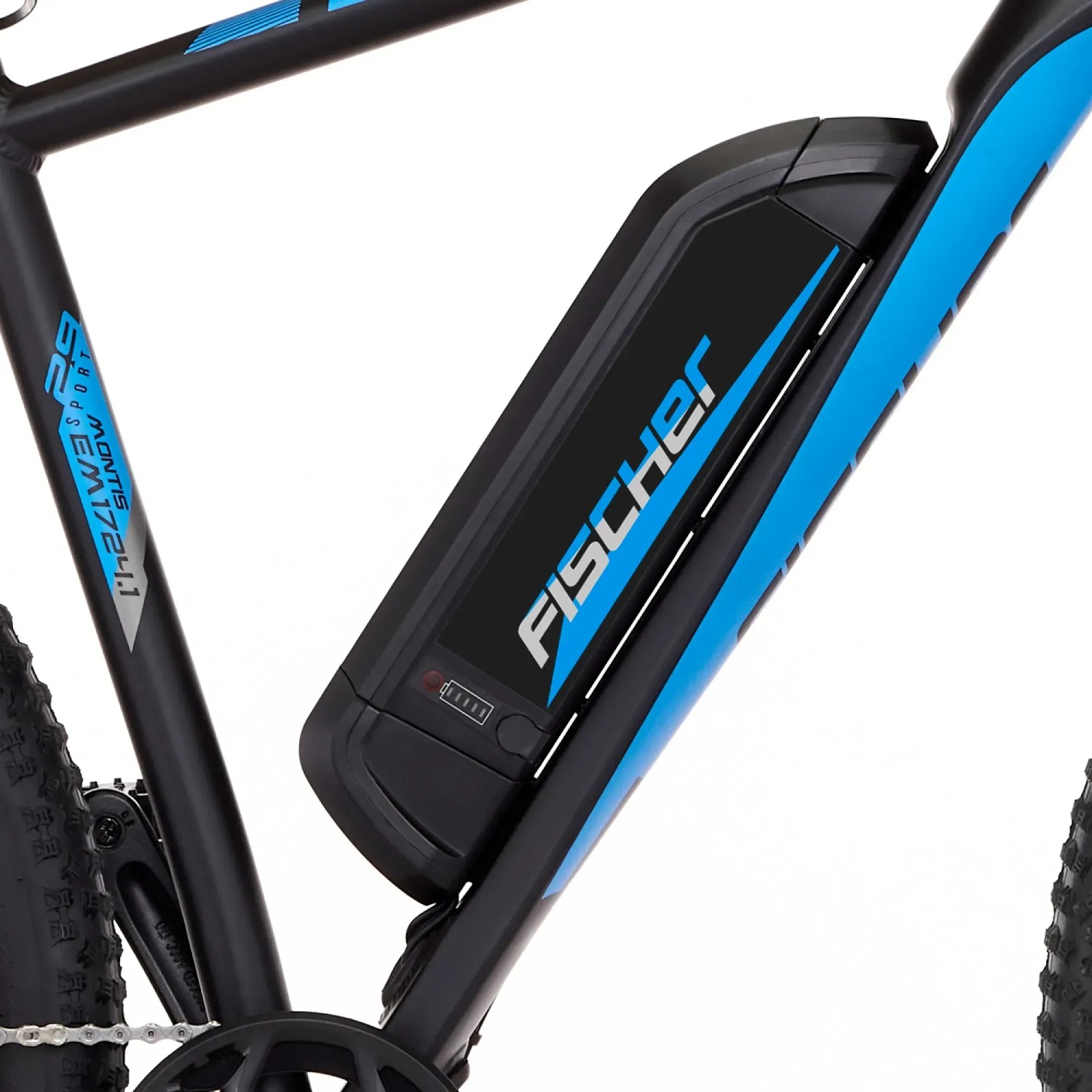 Detailaufnahme: Schwarzes Fischer E-Bike Mountainbike Montis EM 1724 mit blauem Akku.