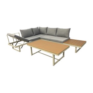 Graues Greemotion Gartenlounge-Set Lima, 3-teilig mit Aluminiumgestell, Kissen und Tisch mit Holzoptik.
