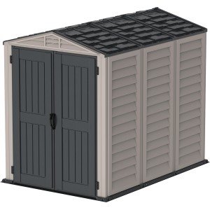 Duramax Kunststoff-Gartenhaus YardMate Plus, graues Gerätehaus mit Doppeltür und Satteldach.
