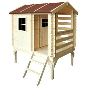 Timbela Kinderspielhaus M501B aus Holz auf Stelzen mit Leiter und Fenster.