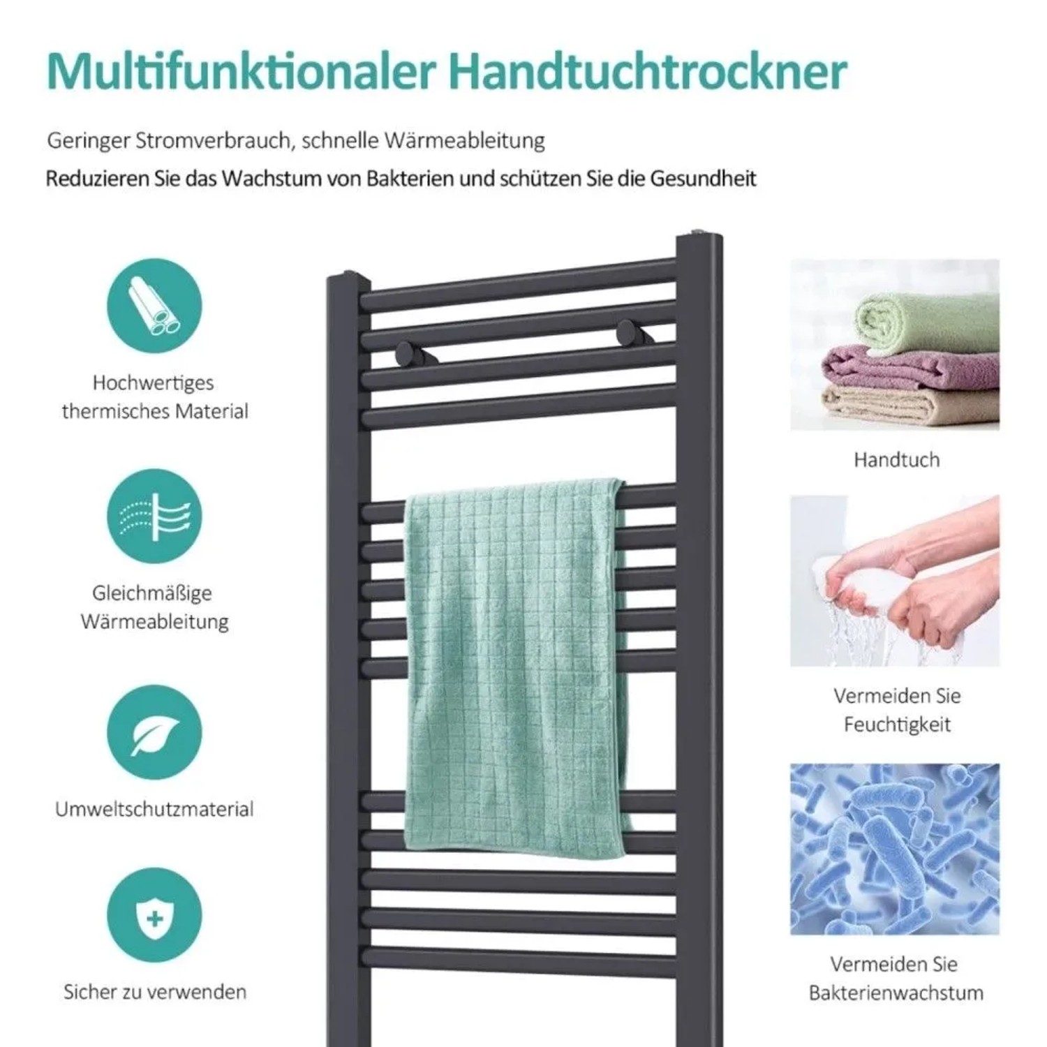 Anthrazitfarbener Emke Badheizkörper 160x60cm mit Flachrohren und hängendem Handtuch. Multifunktionaler Handtuchwärmer.