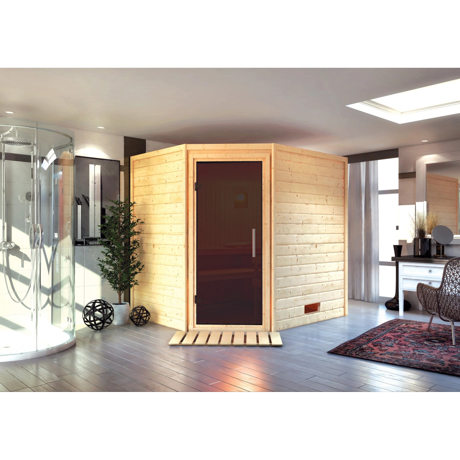 Karibu Sauna Mia Natur aus Massivholz mit graphitfarbener Tür und Ofenschutzgitter.