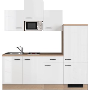 Flex-Well Küchenzeile Valero in Weiß Hochglanz/Sonoma Eiche mit Spüle, Kochfeld, Kühlschrank und Mikrowelle.