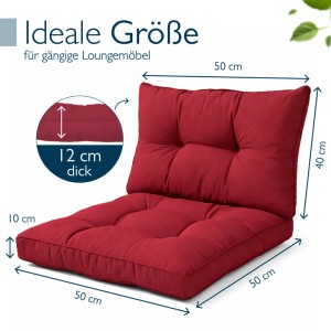 Rotes Lounge Kissen Set für Gartenmöbel. Sitzkissen 50x50x10cm, Rückenkissen 50x40x12cm. Gesteppt, mit Paspelierung.