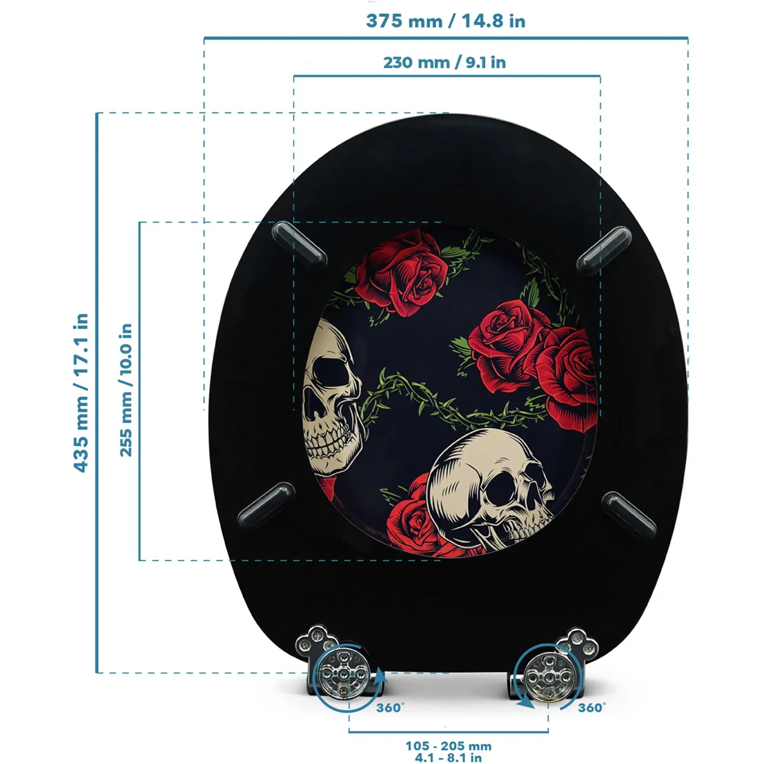 Sanfino WC-Sitz Rose Skull: Schwarzer Toilettendeckel mit Rosen und Totenköpfen, Absenkautomatik, Holz.